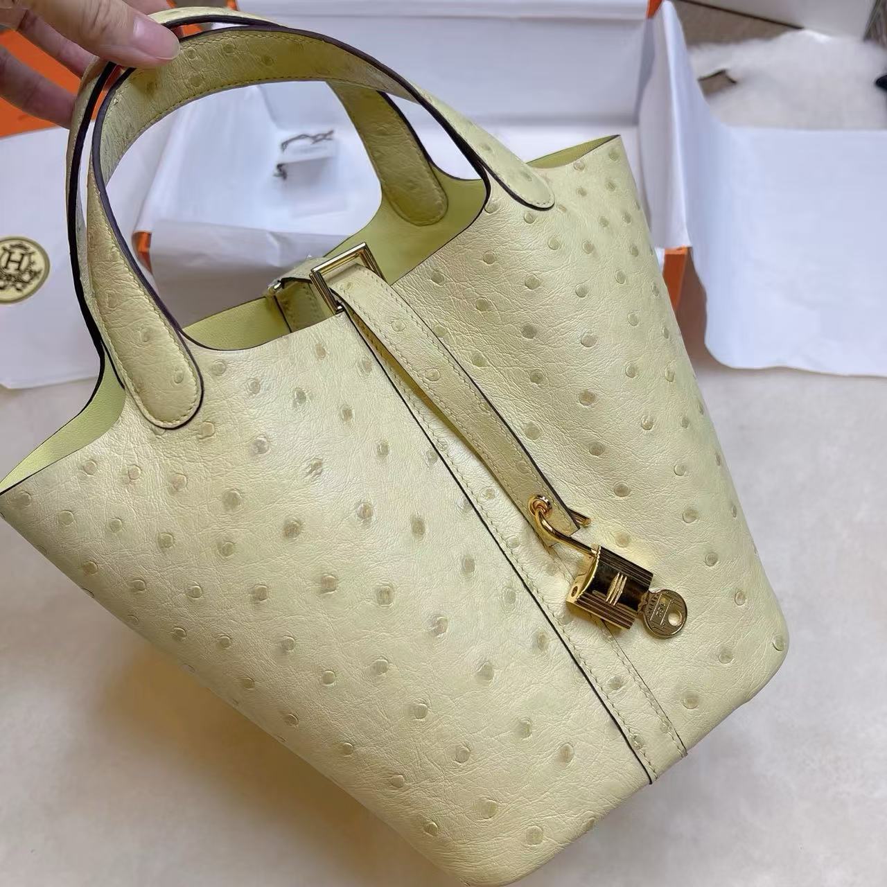 1:1復刻高仿Hermes bag 手袋 picotin 菜籃子鴕鳥皮小雞黃金扣99%真