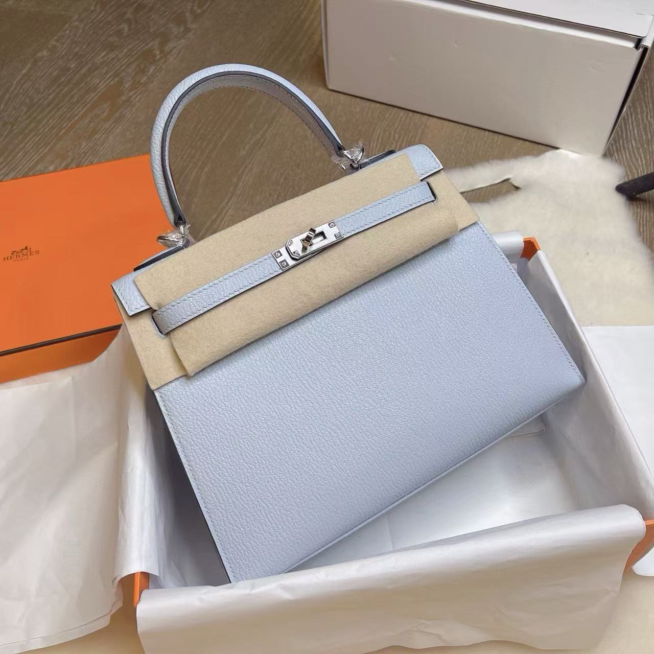 1:1復刻高仿Hermes bag 手袋 Kelly25外縫迷霧藍銀扣 99%真
