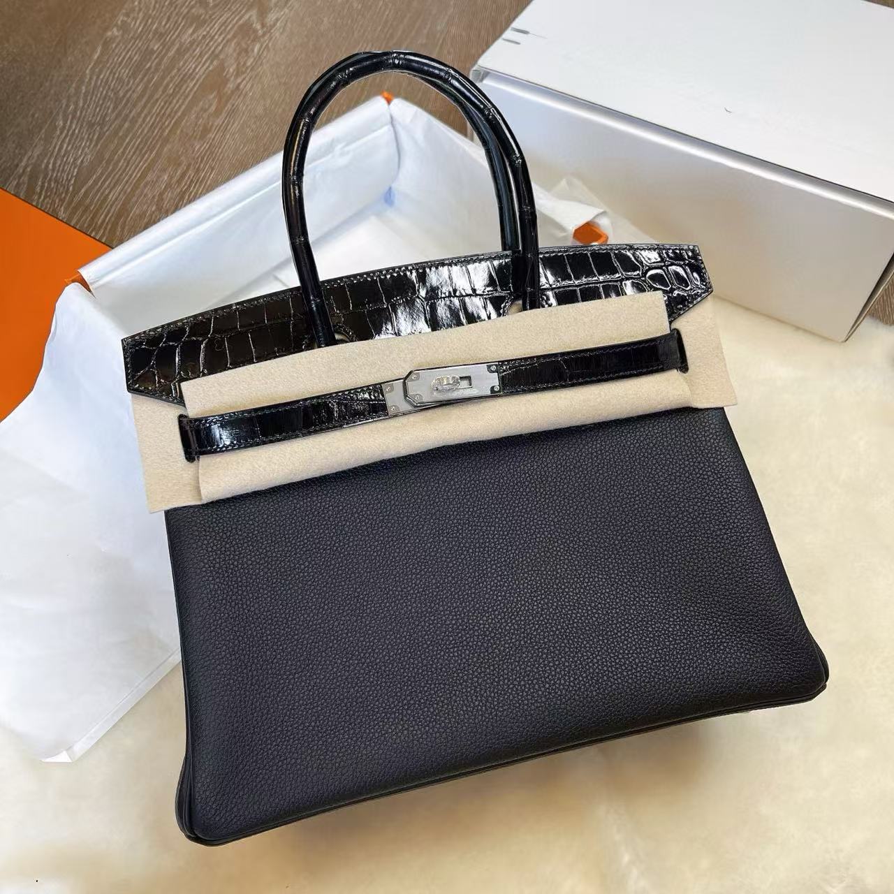 1:1復刻高仿Hermes bag 手袋 Birkin25 內縫黑銀拼亮面鱷魚皮銀扣 99%真