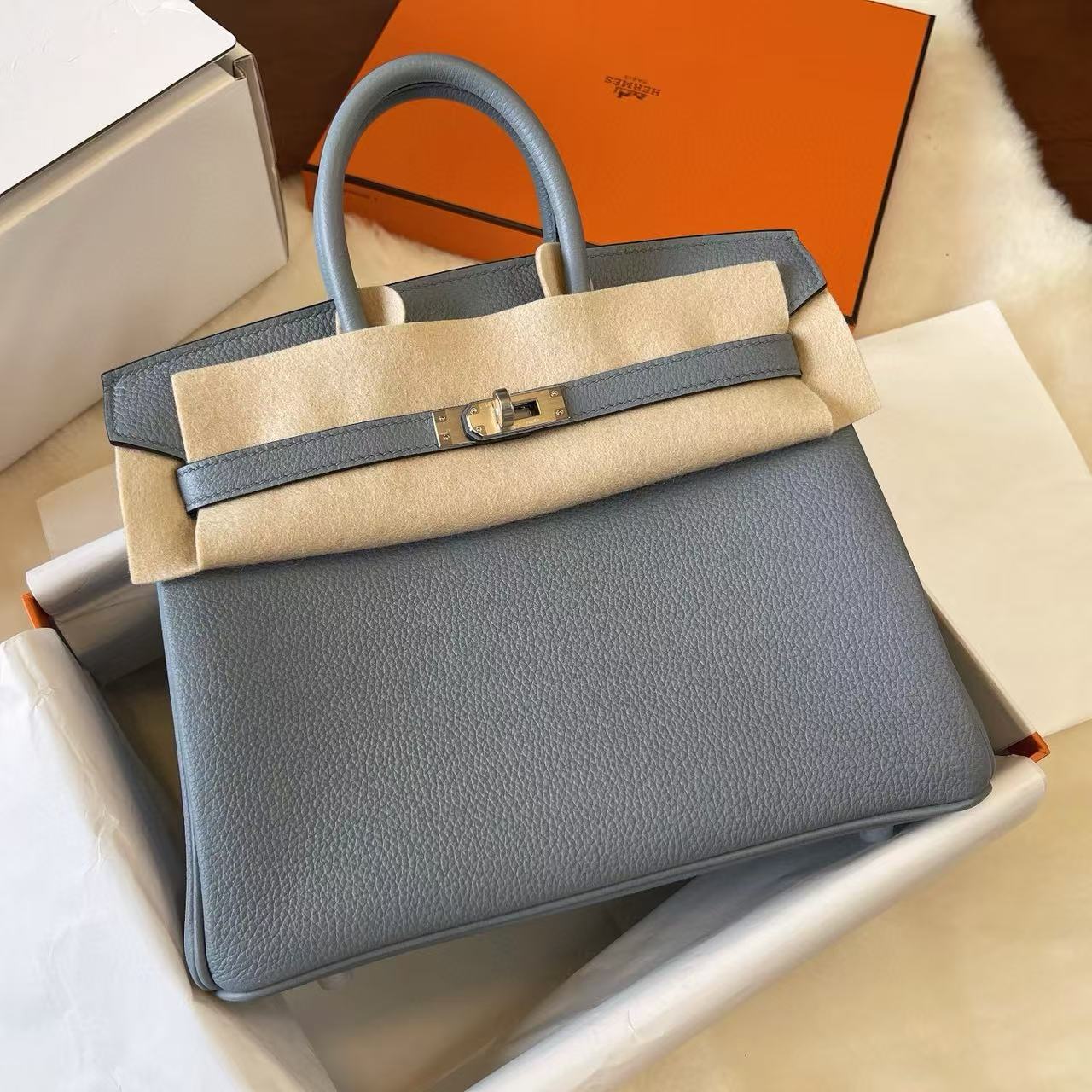 1:1復刻高仿Hermes bag 手袋 Birkin25亞麻藍內拼色銀扣 99%真