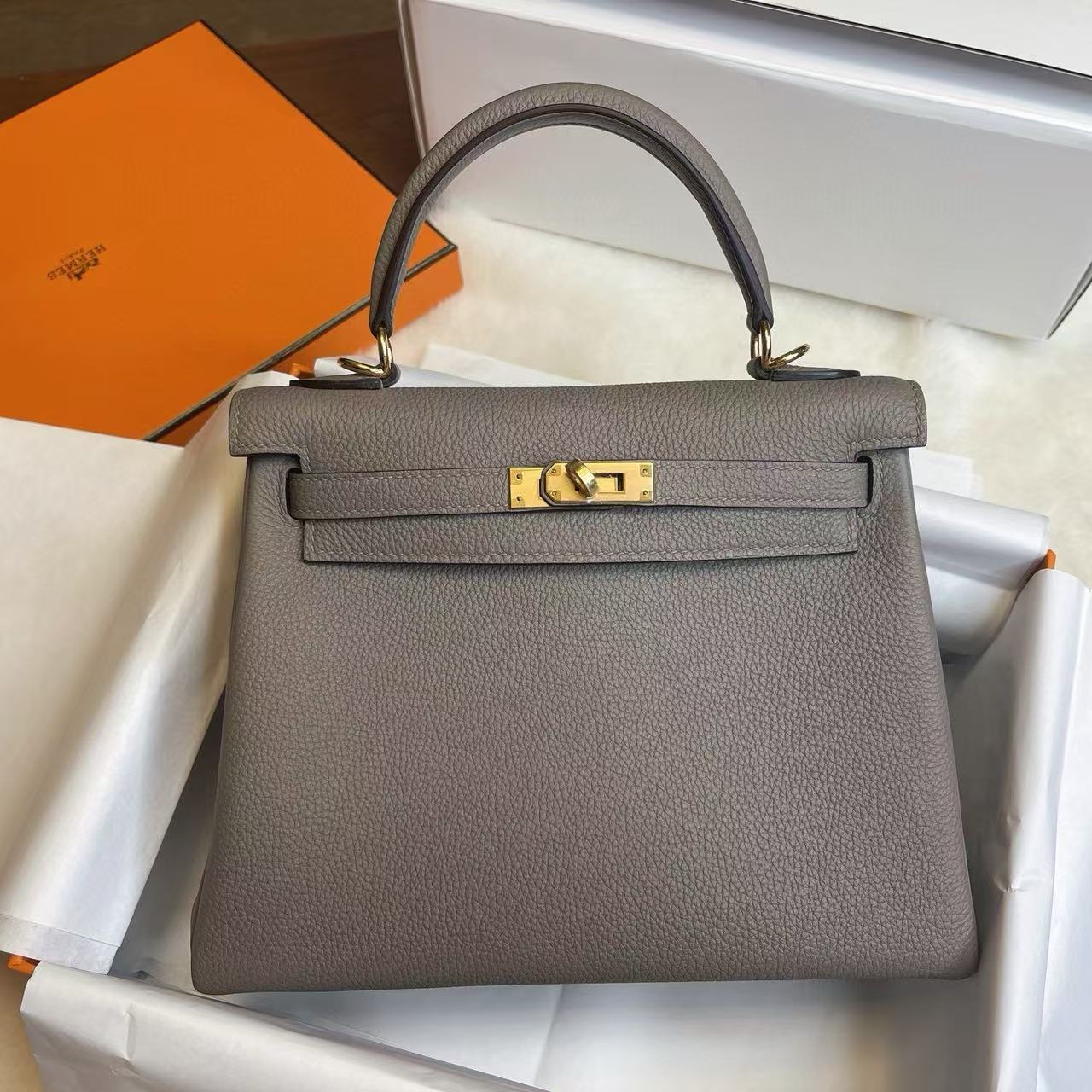 1:1復刻高仿Hermes bag 手袋 Kelly25Togo皮積雨雲灰金扣 99%真