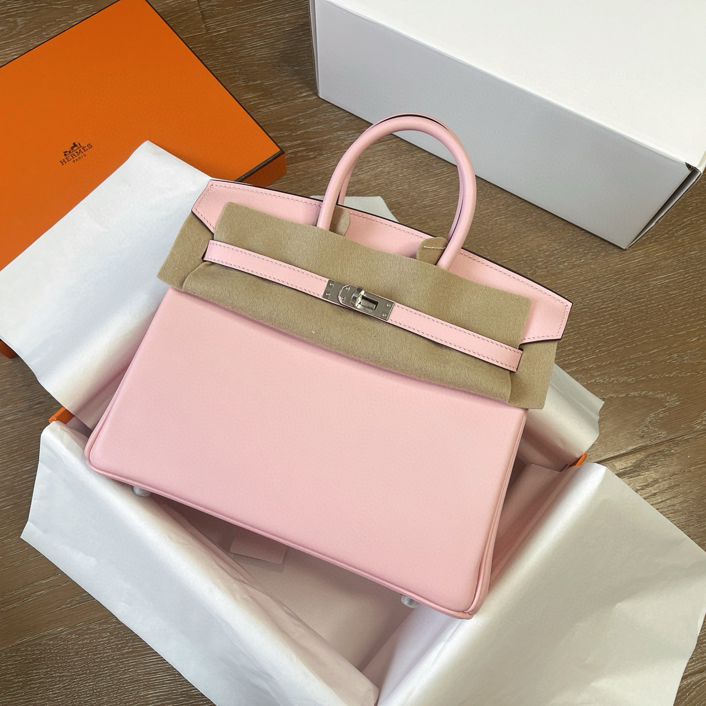 1:1復刻高仿Hermes bag 手袋 Birkin25 Swift皮櫻花粉銀扣 99%真
